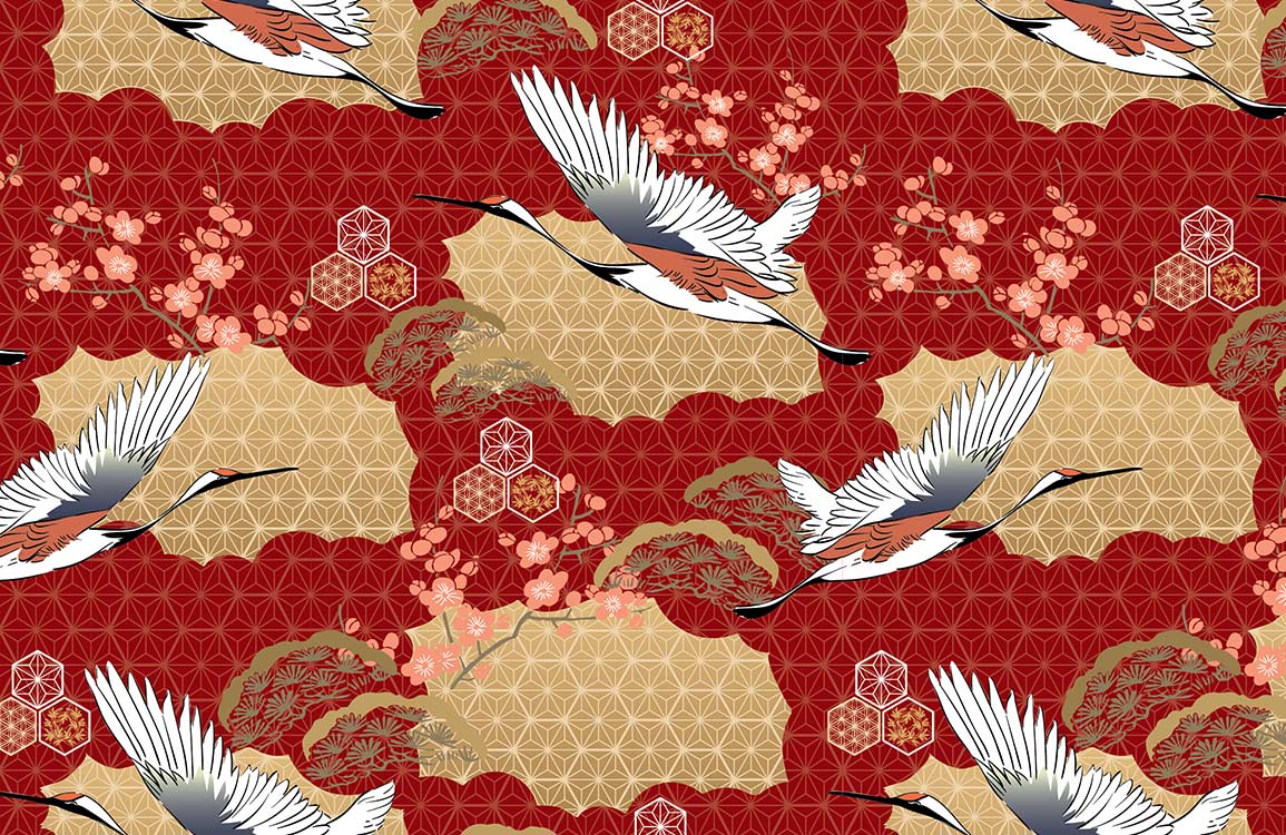Elegant Red and Gold Crane Pattern Mural Wallpaper - Japanese Inspired Design