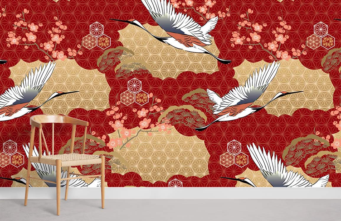 Elegant red and gold crane wallpaper in room with wooden chair, Japanese-inspired design.