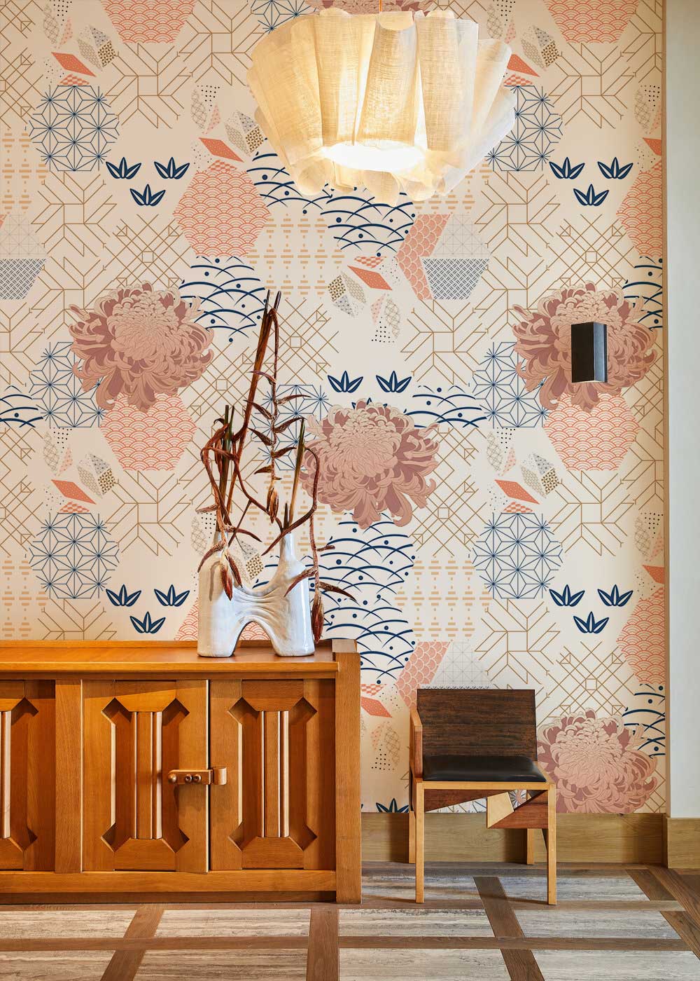 Modern Geometric Floral Wallpaper in Japanese style with wooden cabinet, chair, and pendant light.