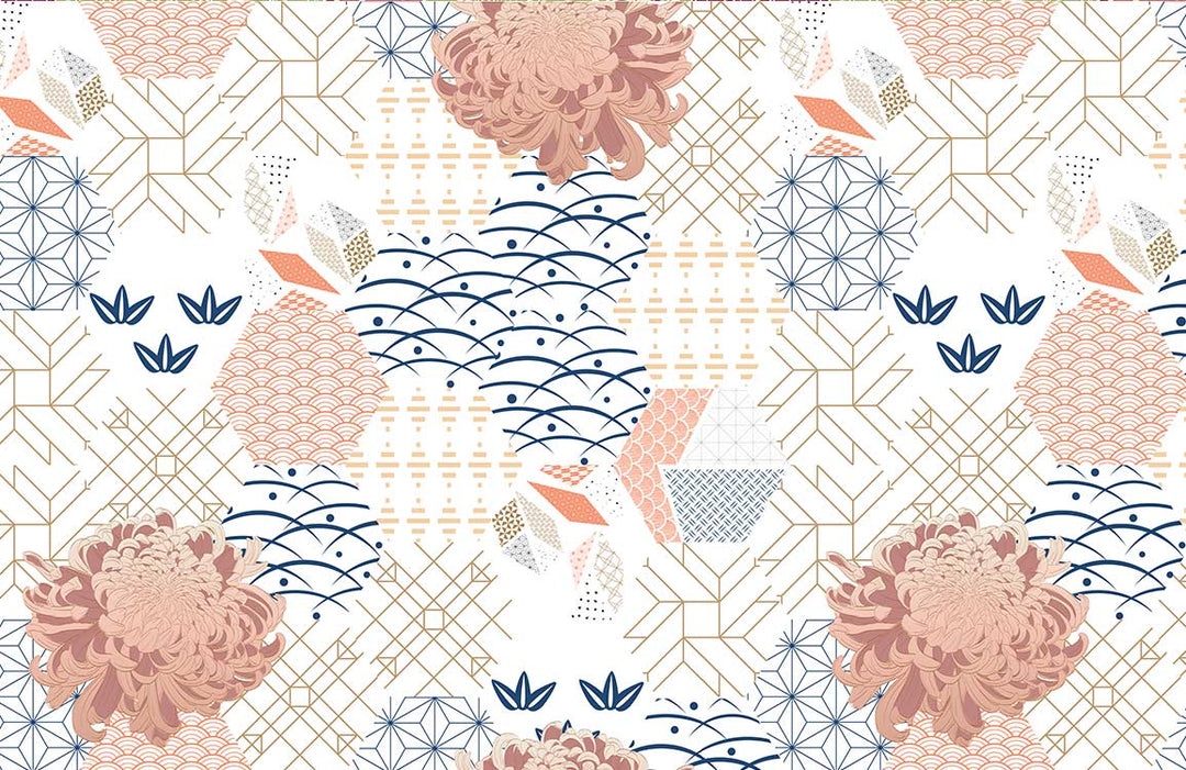 Modern Geometric Floral Pink and Blue Japanese Style Wallpaper