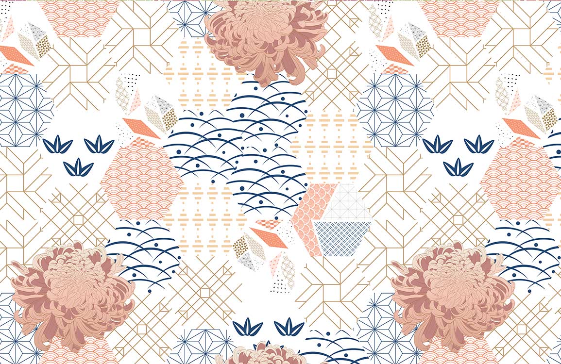 Modern Geometric Floral Pink and Blue Japanese Style Wallpaper