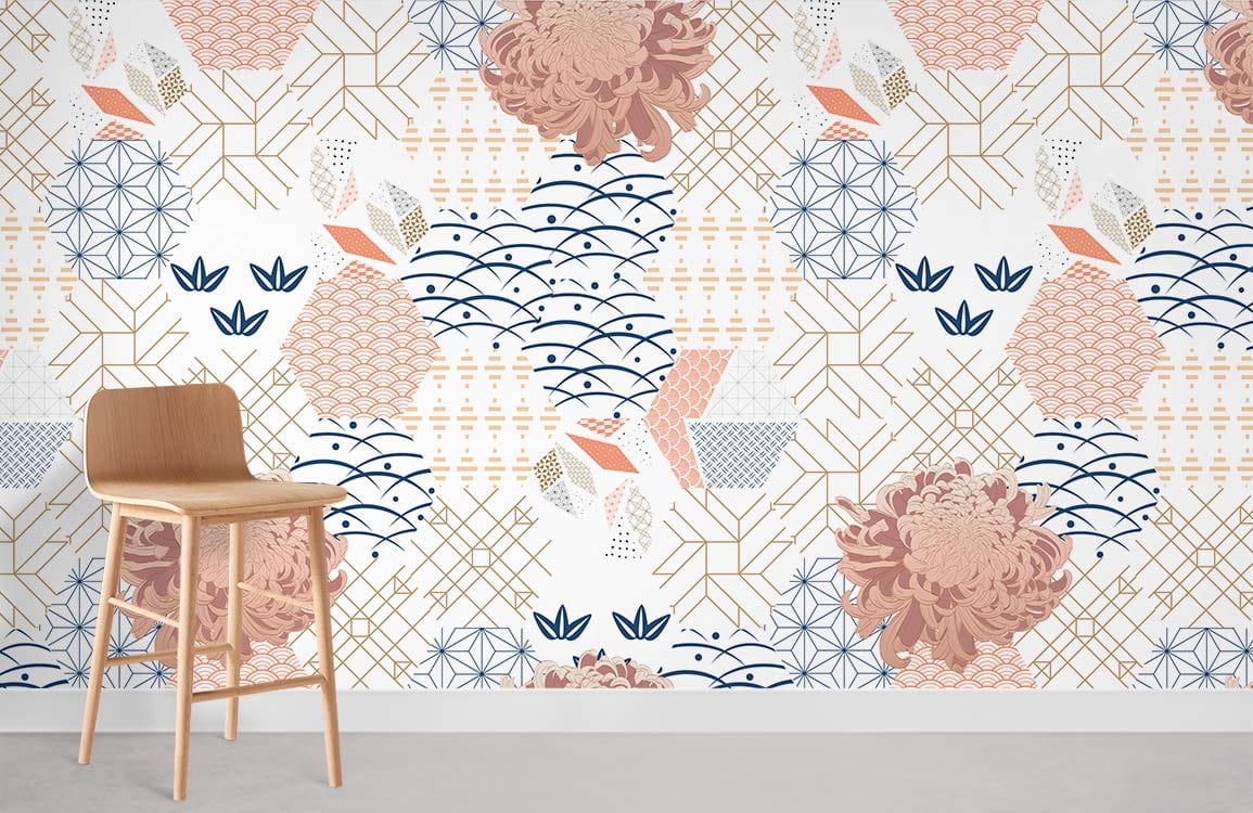 Alt text: Modern geometric floral wallpaper; wooden chair; neutral flooring; Japanese-inspired decor style; pink-blue patterns.