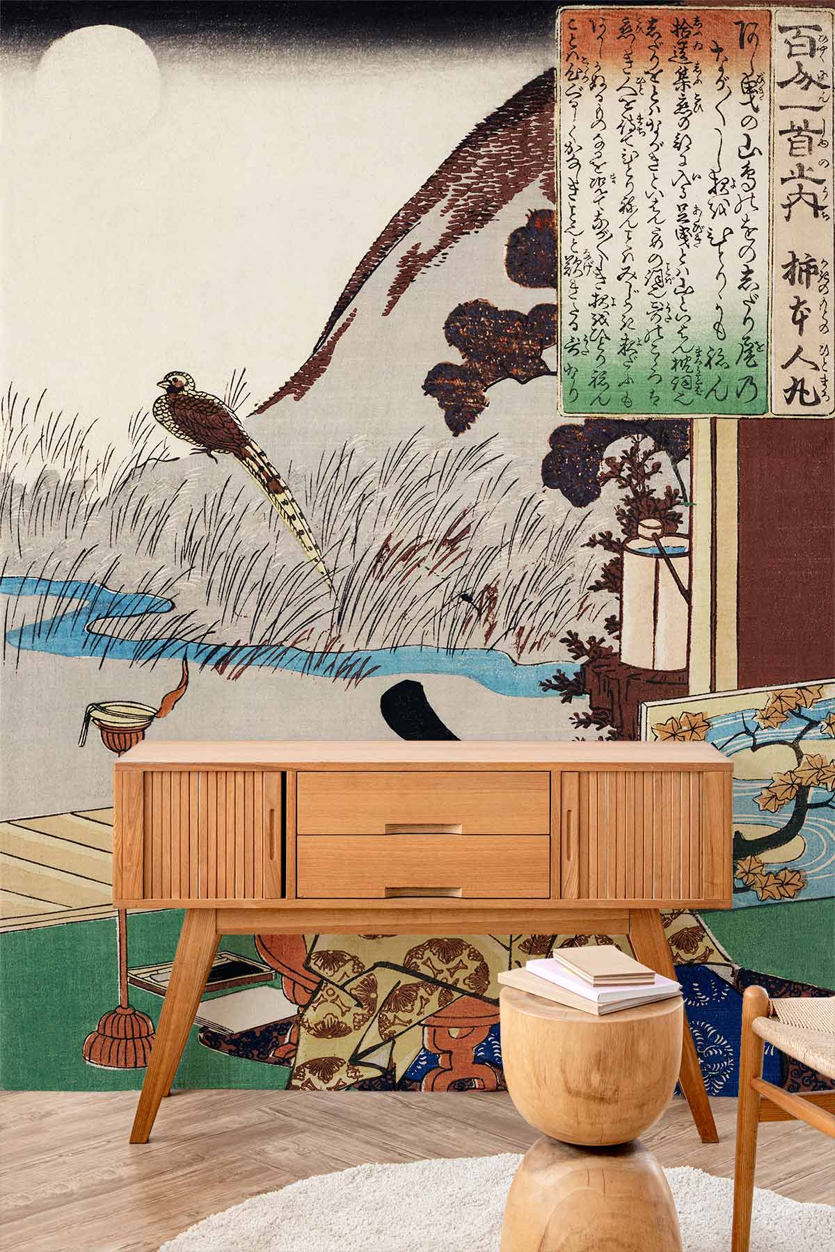 Elegant Japanese Ukiyo-e mural wallpaper in living room with wooden sideboard and modern furniture.