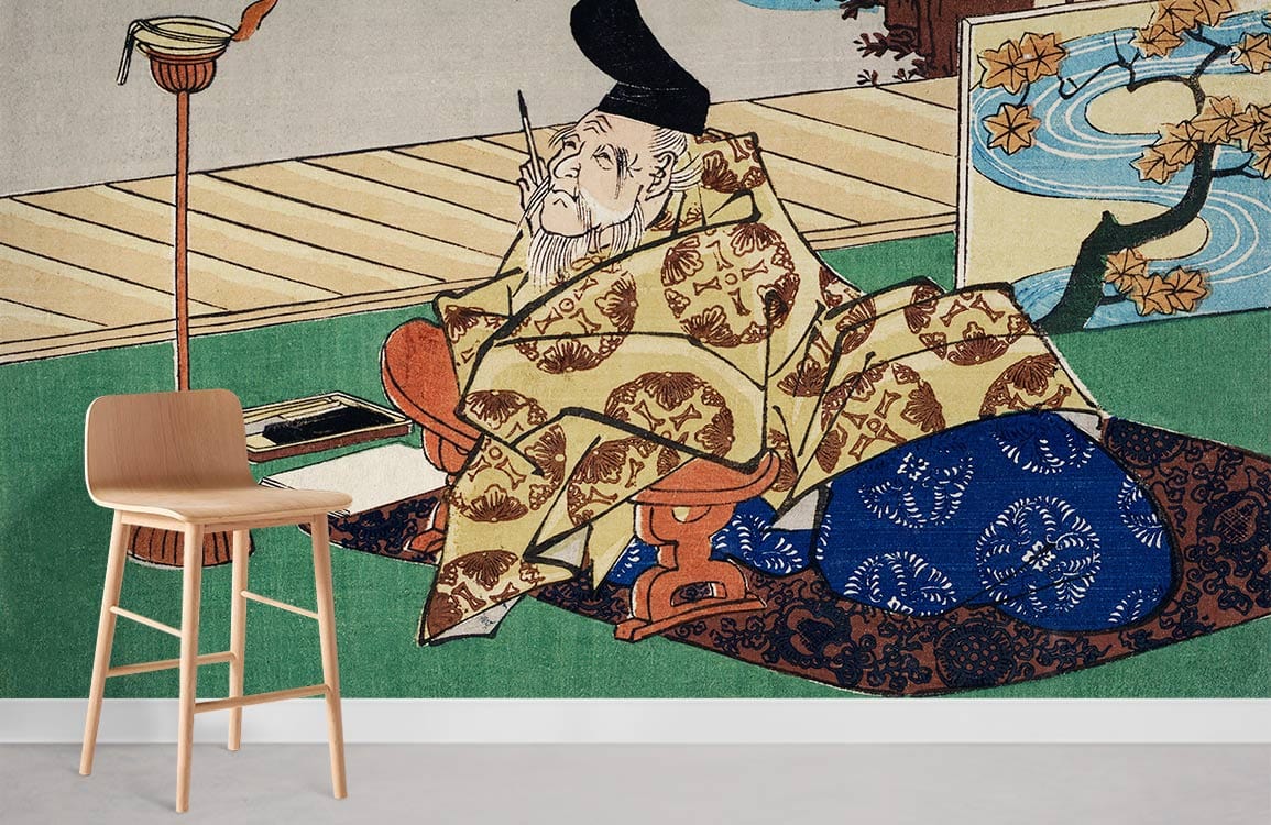 Elegant Japanese Ukiyo-e mural wallpaper in lounge, paired with wooden stool, light grey flooring.