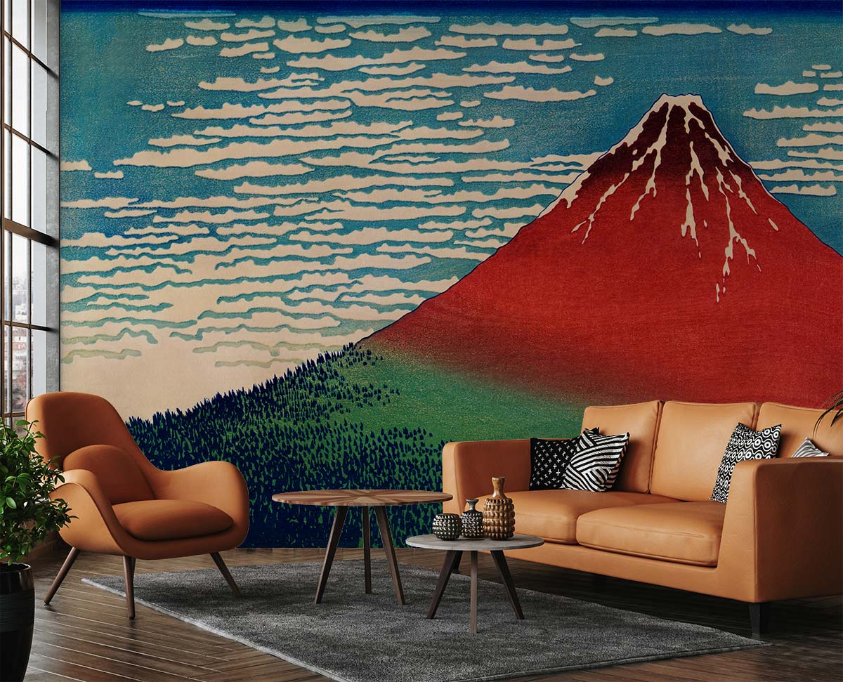 Japanese mural wallpaper with blue sky, brown sofa, orange chairs, wooden flooring in modern living room.