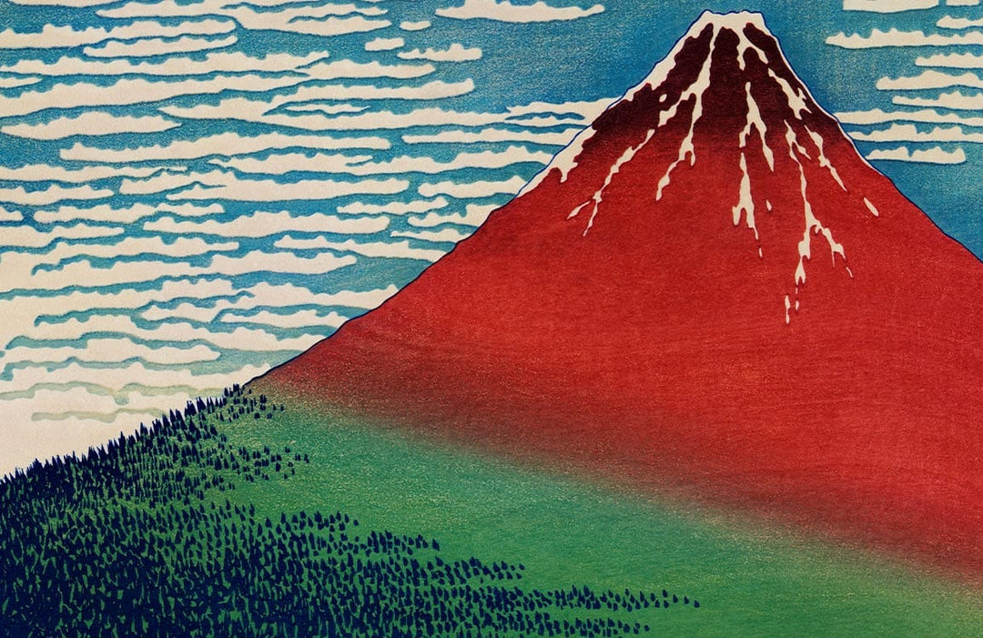 Japanese Red Mountain Scenic Mural Wallpaper with Blue Sky Clouds