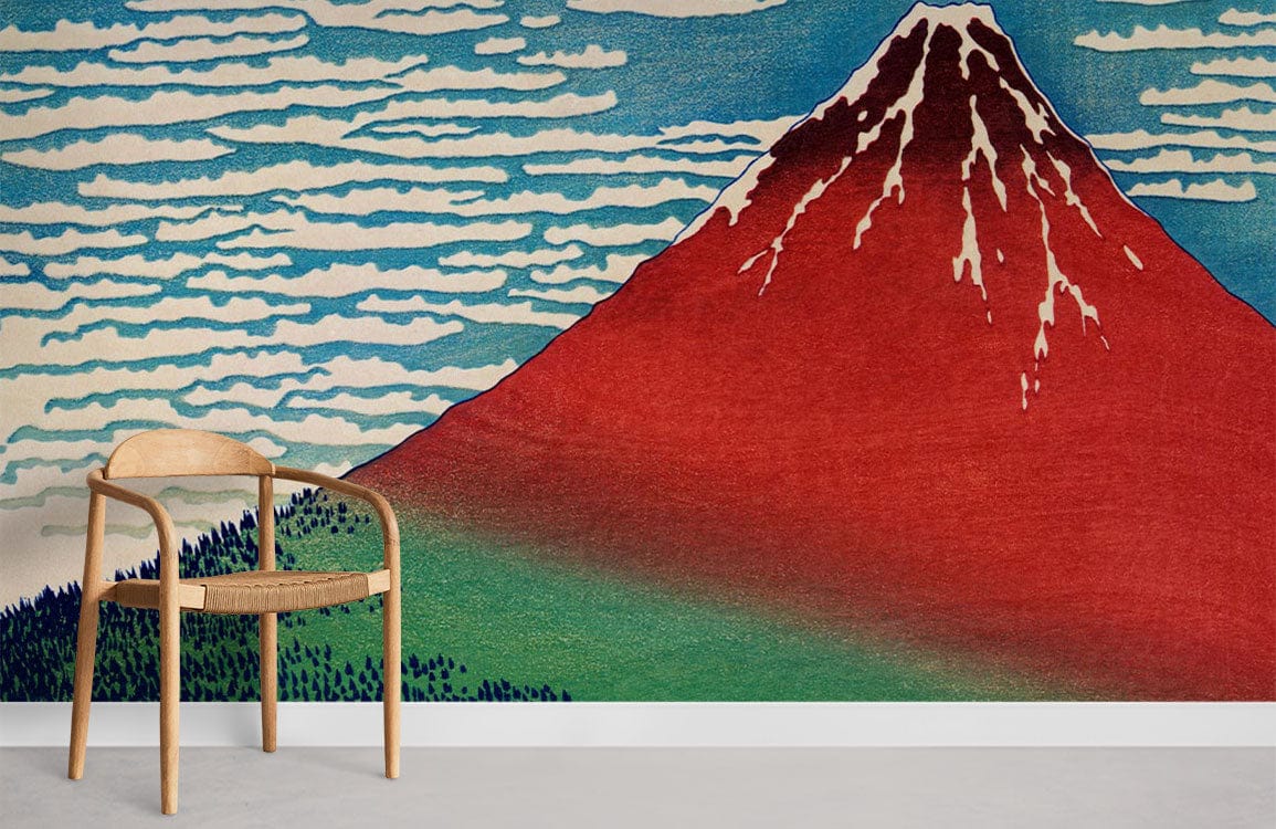 Japanese Red Mountain Scenic Mural Wallpaper, wooden chair, minimalistic room, white skirting, grey floor.