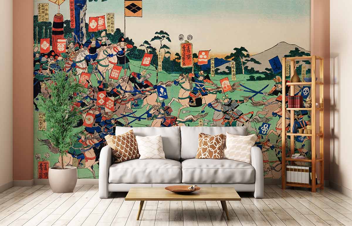 Vintage Samurai mural wallpaper adorns living room with grey sofa, wooden flooring, and bookshelf decor.