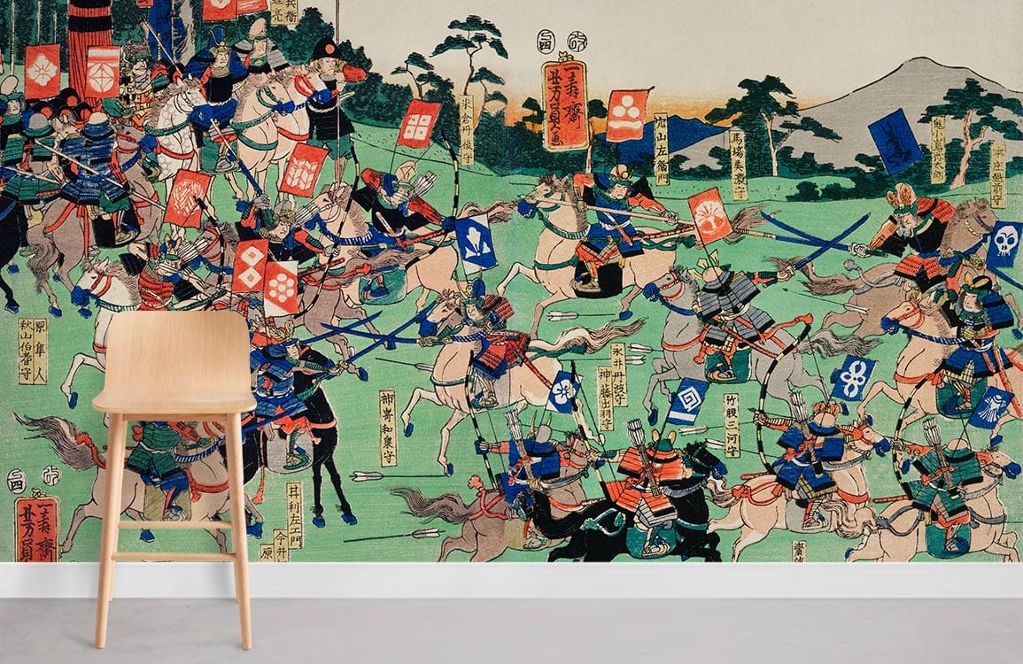 Mural with samurai battle scene, colourful historical art decor, minimalist chair, grey flooring.