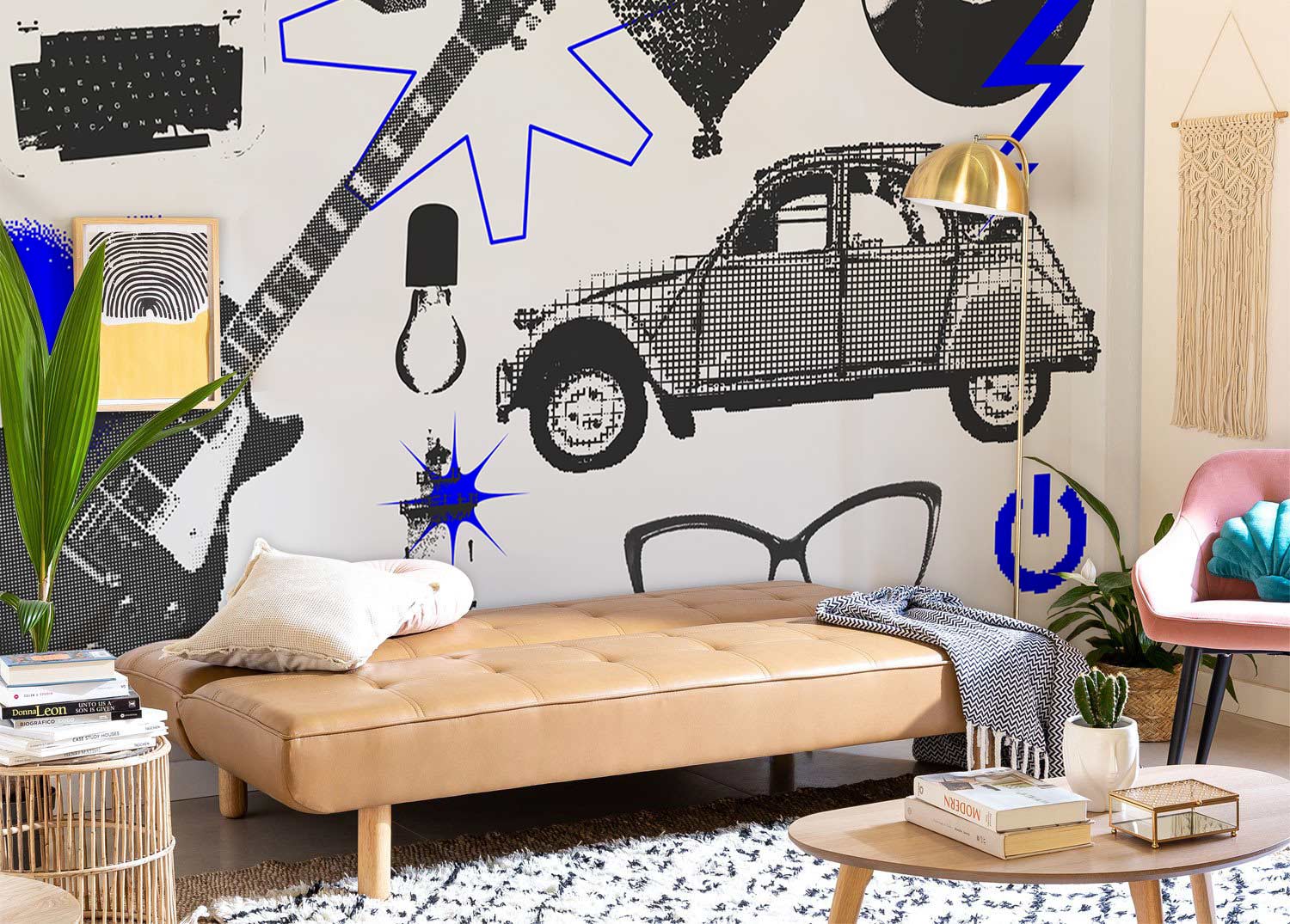 Retro Blue Monochrome Urban Art Wallpaper for Modern Living Rooms