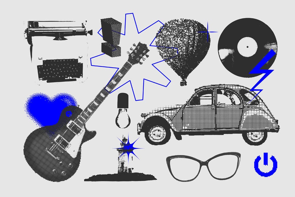 Retro Blue Monochrome Urban Art Wallpaper featuring guitars, vintage cars, and graphic elements for modern decor.