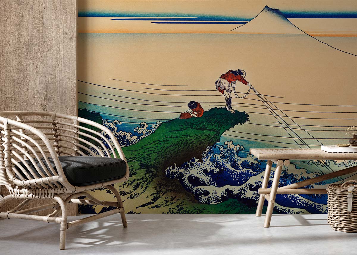 Traditional Japanese art mural in room with rattan chair, neutral walls, and flooring. Vibrant fishing scene.