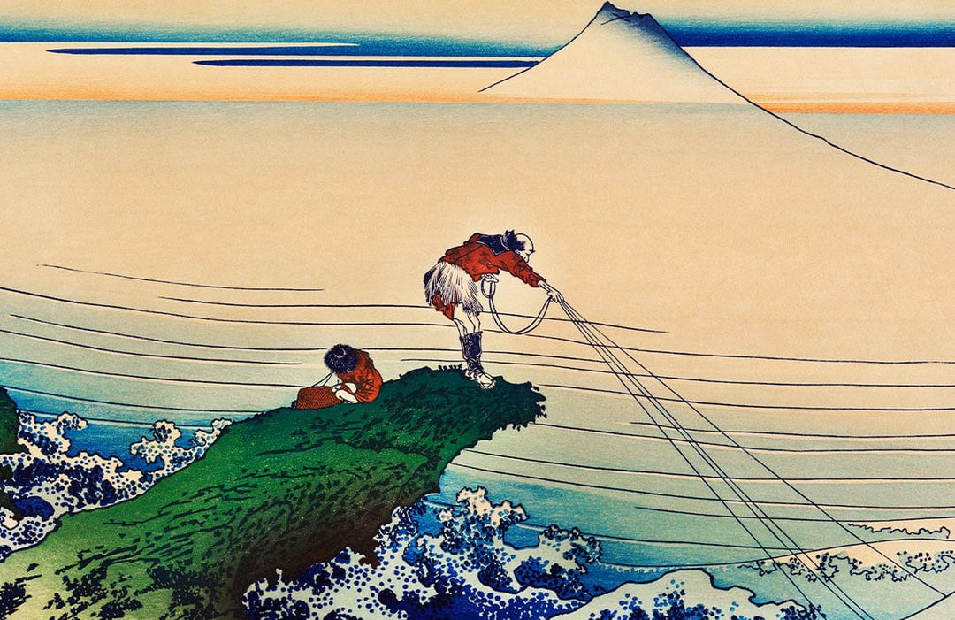 Traditional Japanese Art Murals: Vibrant Fishing Scene with Mountain Landscape
