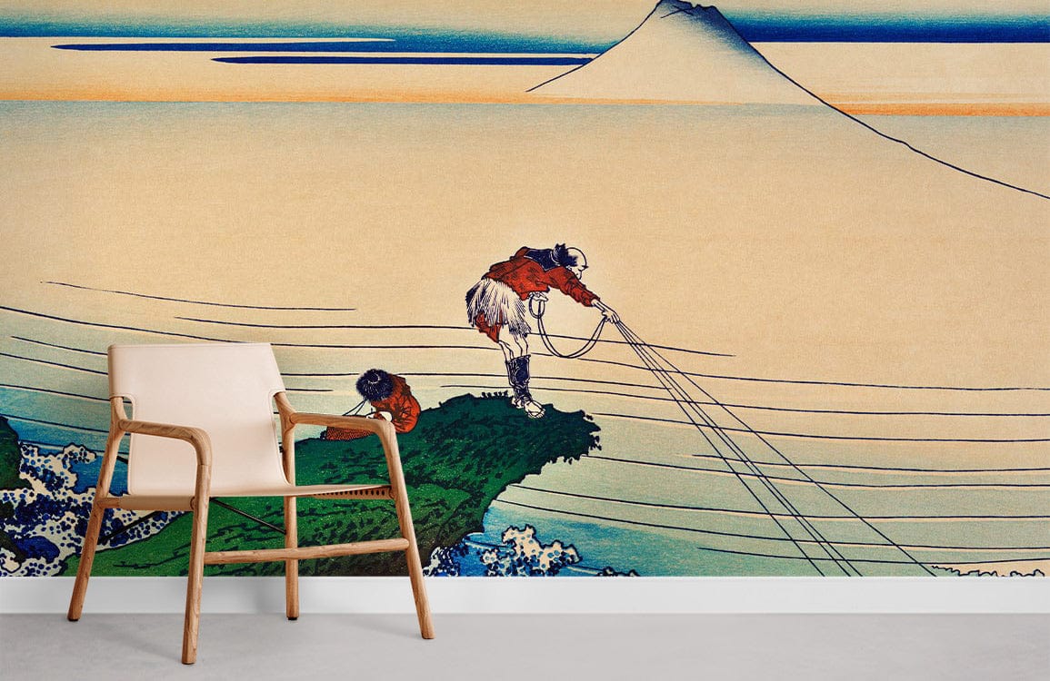 Traditional Japanese art murals featuring fishing scene, mountain; wooden chair, grey flooring, living room.