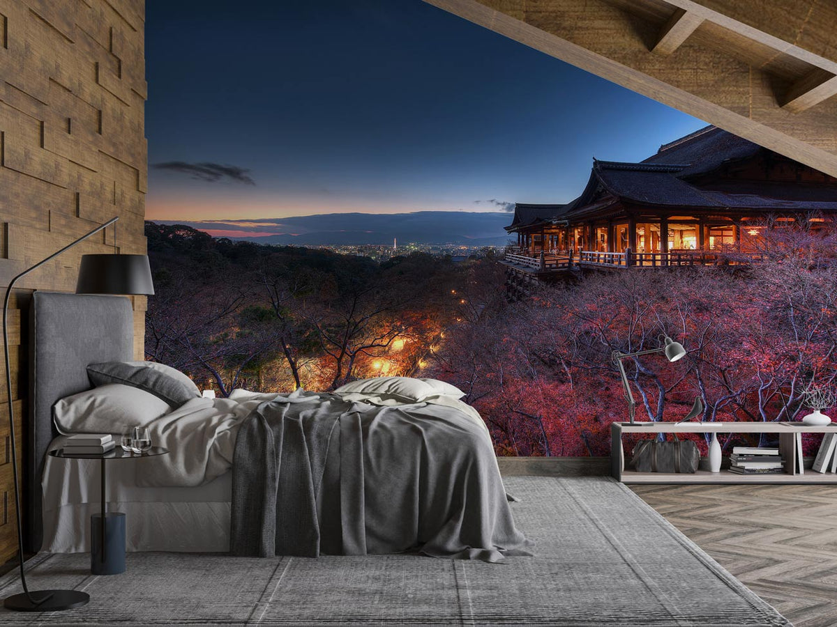 Tranquil Japanese temple nightscape mural wallpaper in serene autumn colours, modern bedroom, grey bed, wood flooring.