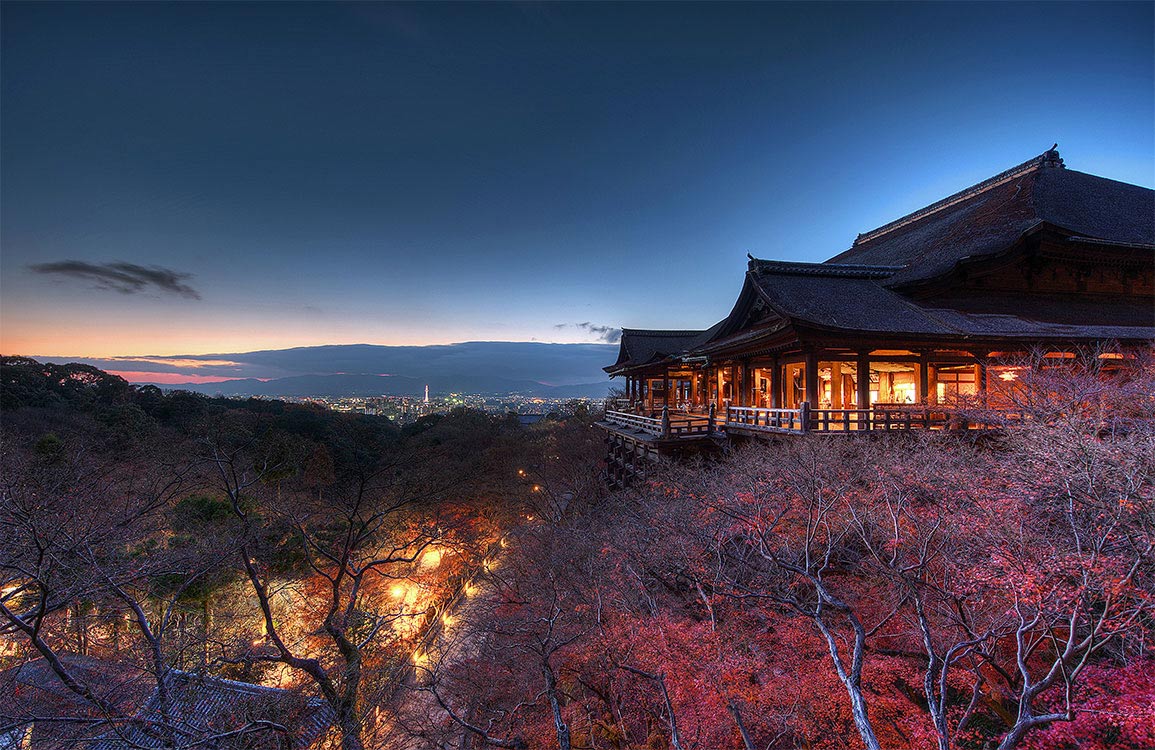 Tranquil Japanese Temple Nightscape Mural Wallpaper in Serene Autumn Colours