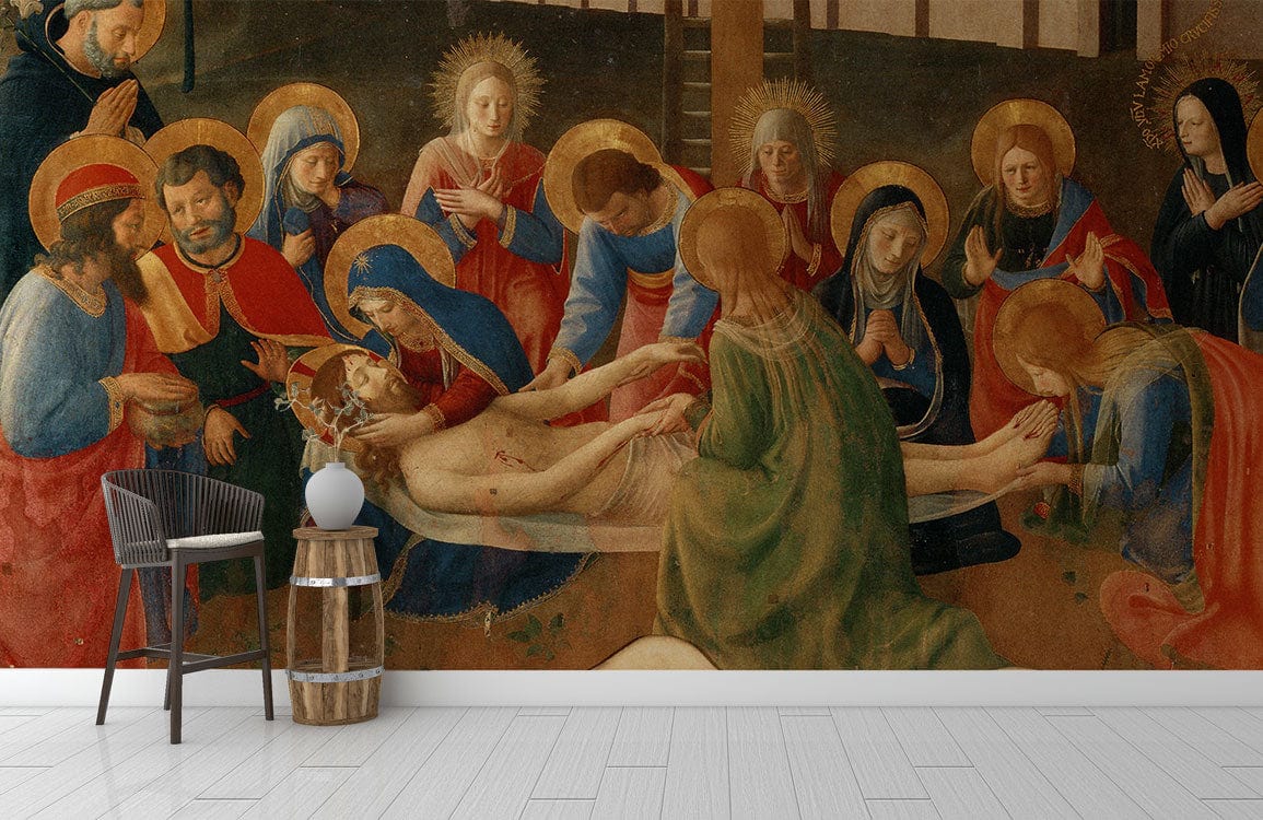Classic Renaissance religious art mural wallpaper, vibrant traditional design, wooden chair, light wood flooring.