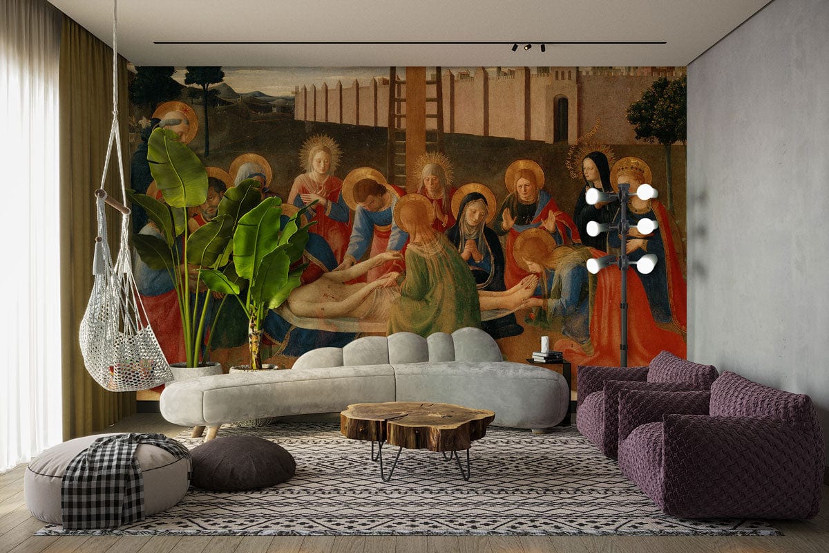 Classic Renaissance mural wallpaper, elegant sofa, modern rug, vibrant decor in sophisticated living room setting.