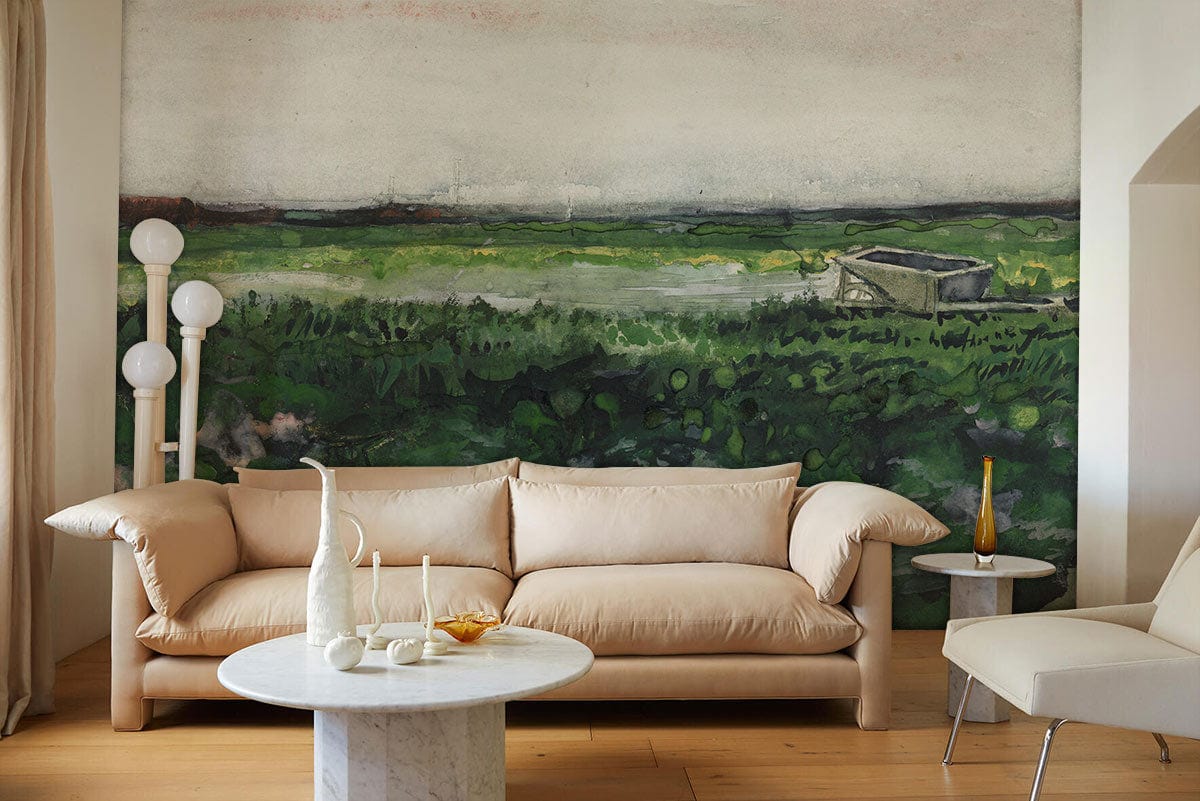 Beige sofa, tranquil green landscape watercolour mural, marble coffee table, serene living room decor, wooden flooring.