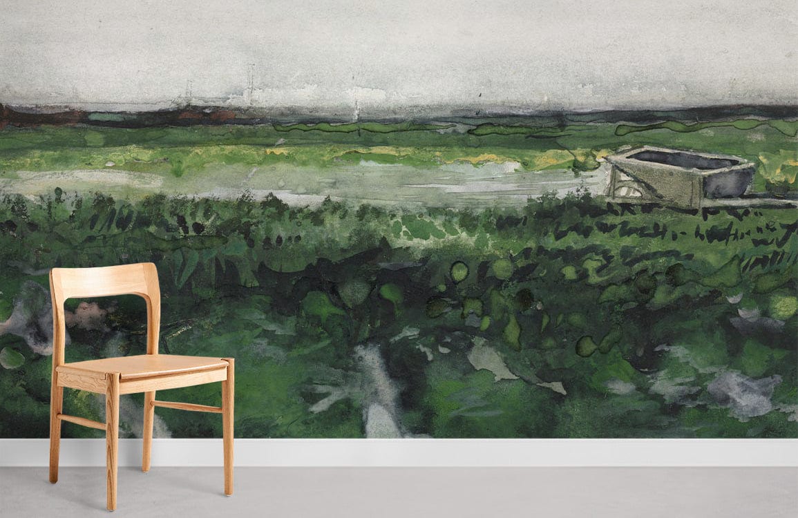 Tranquil green landscape watercolour mural wallpaper in serene room with light wood chair, grey flooring.