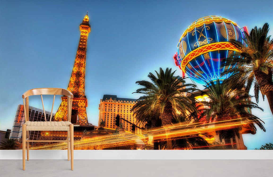 Parisian night mural wallpaper with urban lights, wooden chair, grey carpet flooring in modern room.