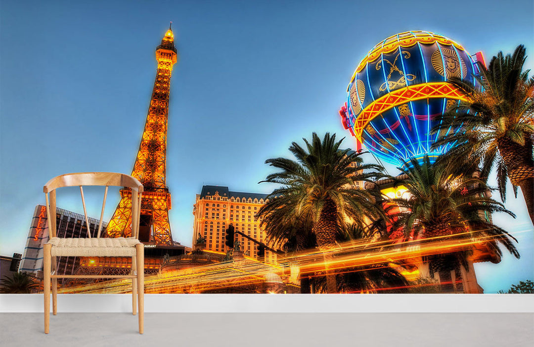 Parisian night mural wallpaper with urban lights, wooden chair, grey carpet flooring in modern room.