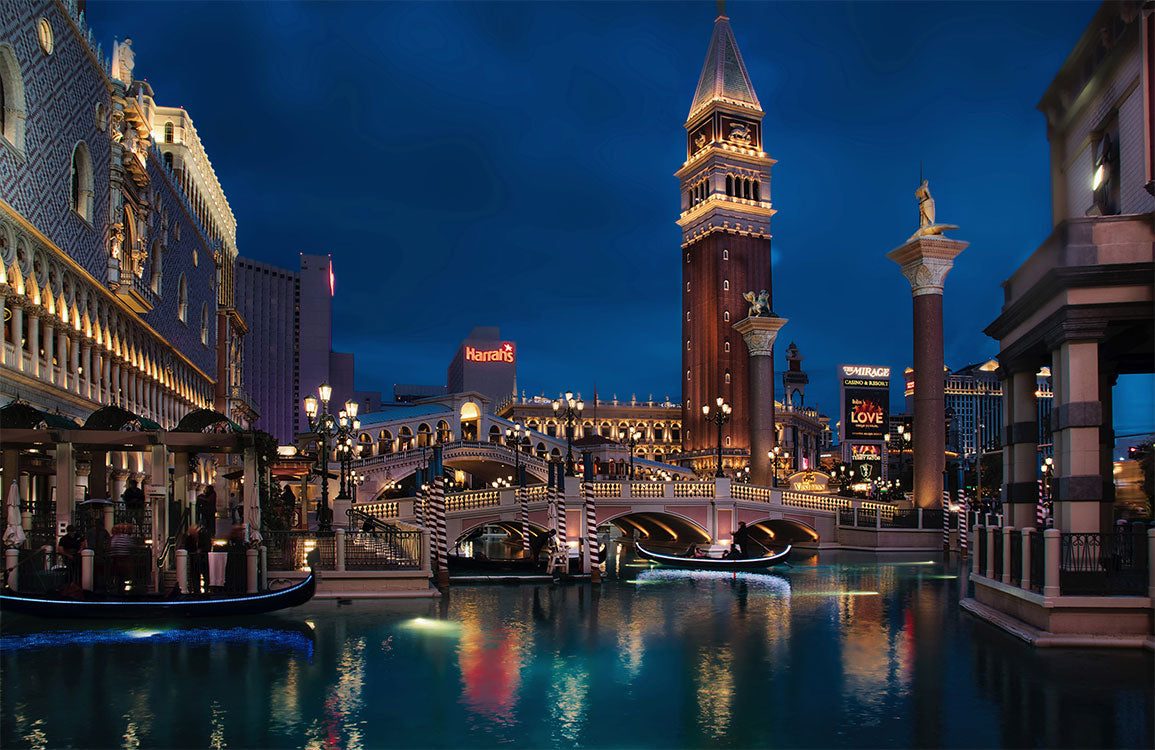 Venetian Nightscape Wallpaper Mural: Enchanting Blue Illuminated Cityscape Design