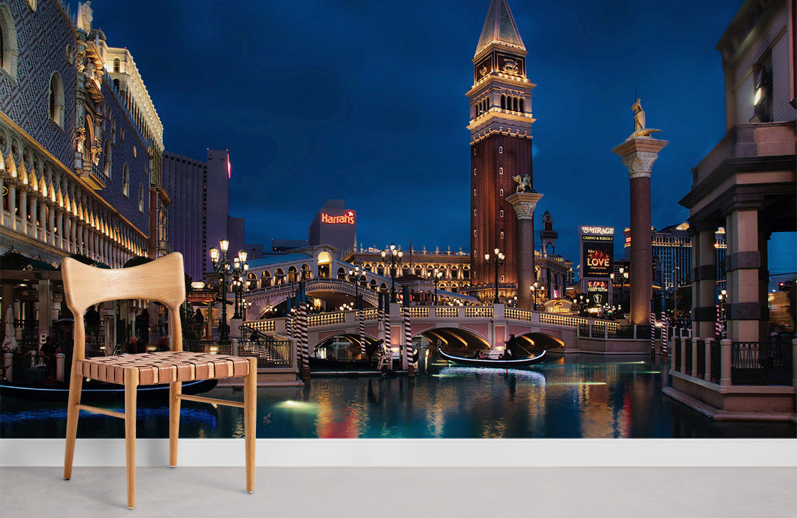 Venetian Nightscape Wallpaper Mural in modern lounge with wooden chair and light grey flooring.