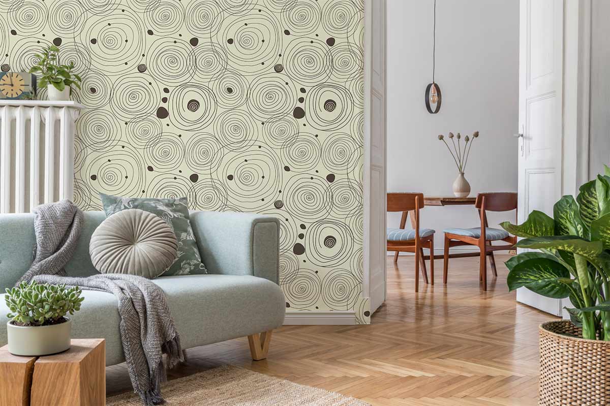 Retro Beige Geometric Circular Wallpaper, modern interior, light grey sofa, parquet flooring, dining area.