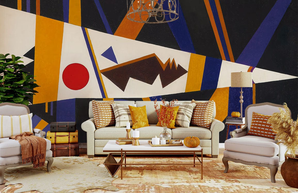 Geometric abstract black gold red blue wall; grey sofa; beige armchairs; geometric rug; living room.