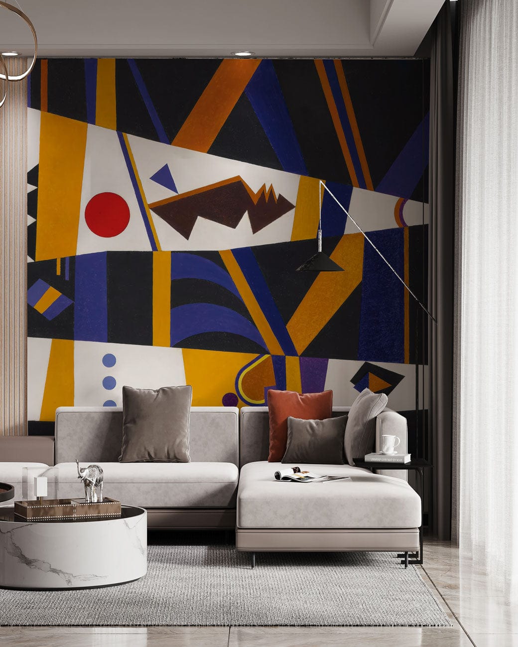 Geometric abstract wallpaper with grey corner sofa, modern art decor, marble coffee table, living room.