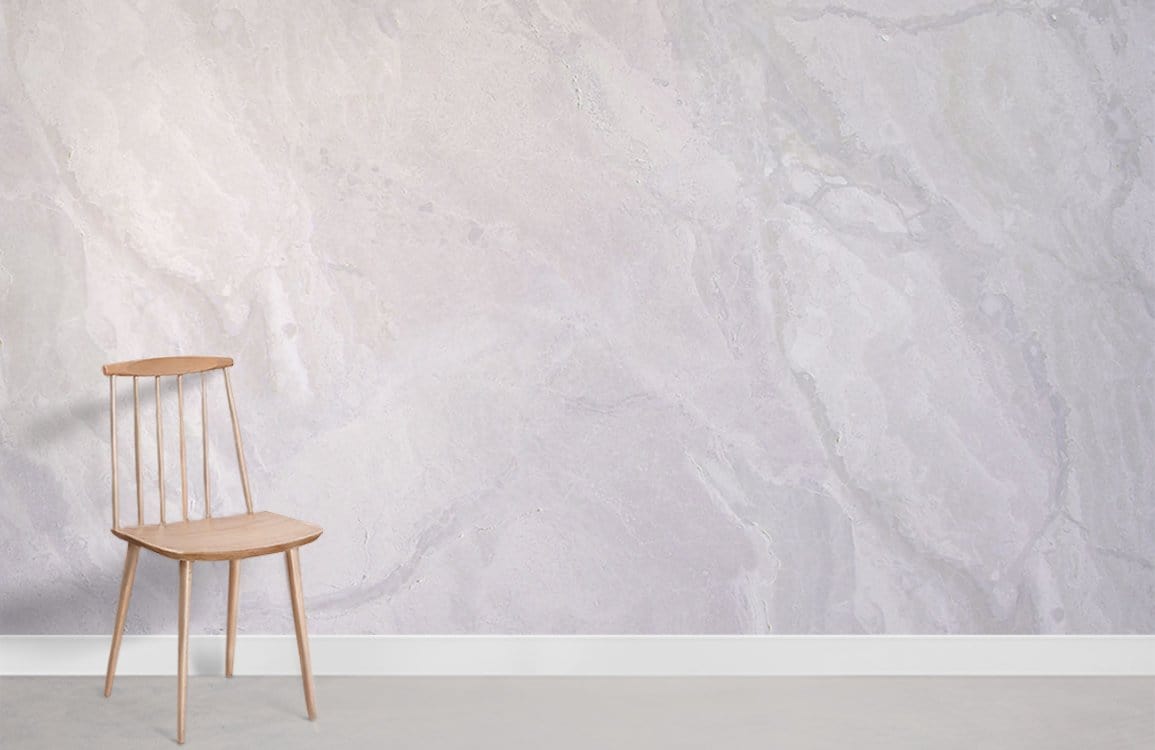Elegant marble effect mural wallpaper with soft white tones, minimalist wooden chair, contemporary interior design.