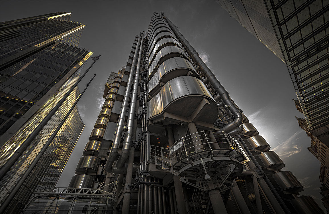 Modern Urban Skyscraper Mural Wallpaper in Dark Industrial Steel Tones