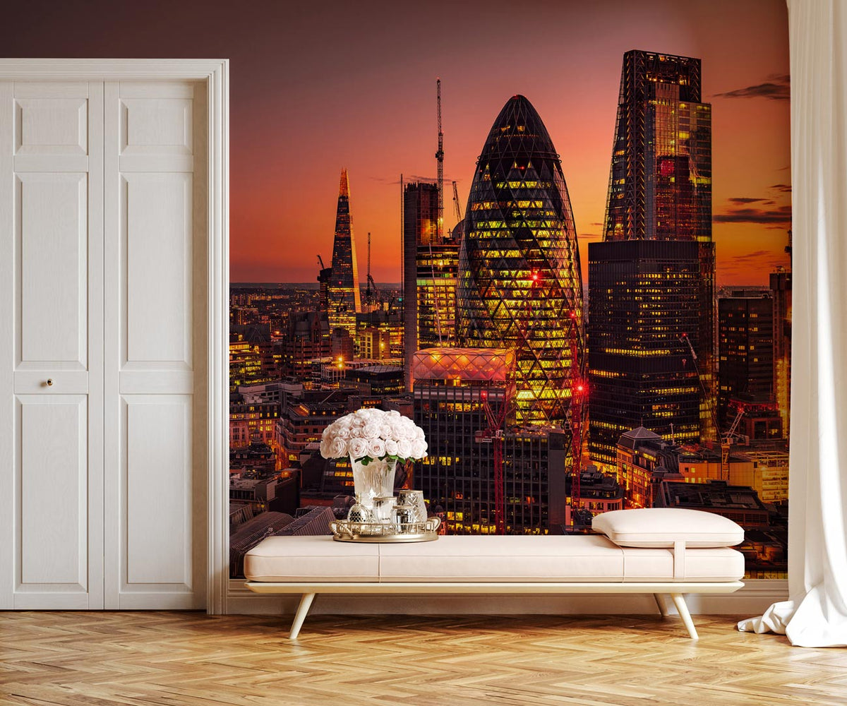 London Cityscape Mural Wallpaper in modern living room; vibrant sunset skyline, elegant white bench, parquet flooring.