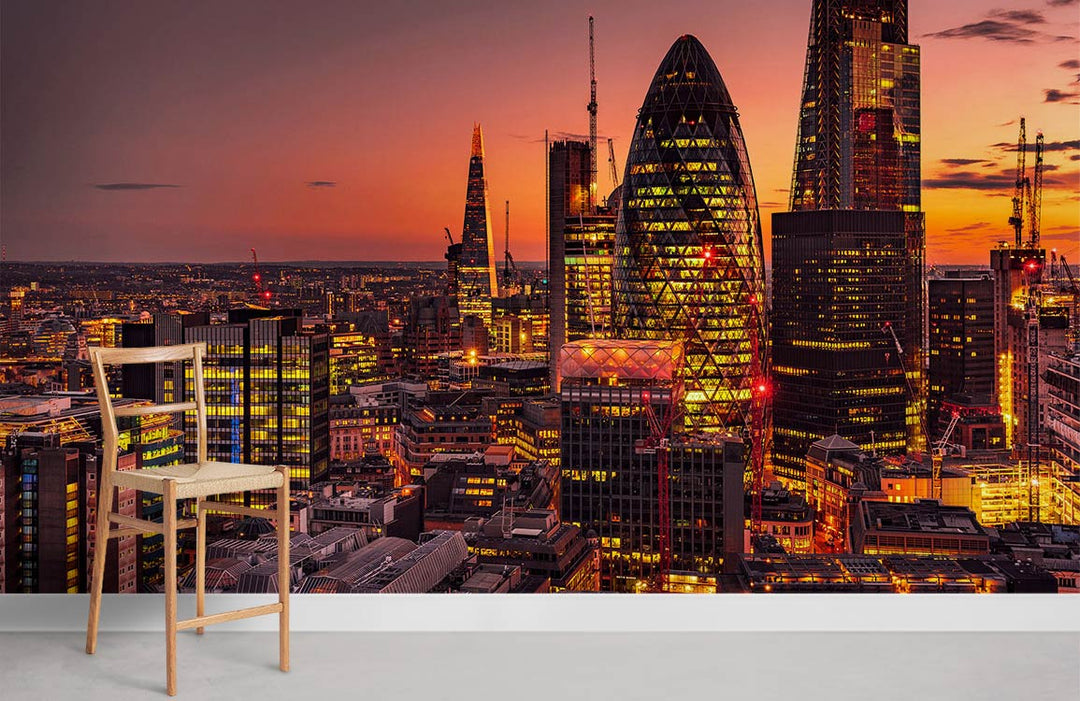 London Cityscape Mural - Vibrant Sunset Skyline Wallpaper, Modern Interiors, Wooden Chair, White Wall.