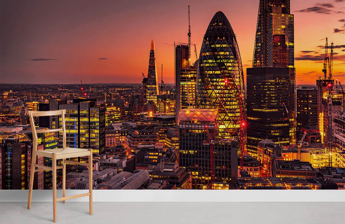 London Cityscape Mural - Vibrant Sunset Skyline Wallpaper, Modern Interiors, Wooden Chair, White Wall.