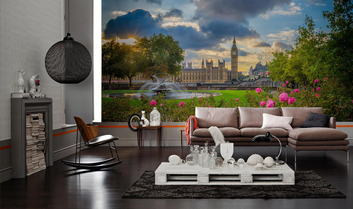 London Serenity mural wallpaper in living room with grey walls, brown sofa, and dark wooden flooring.