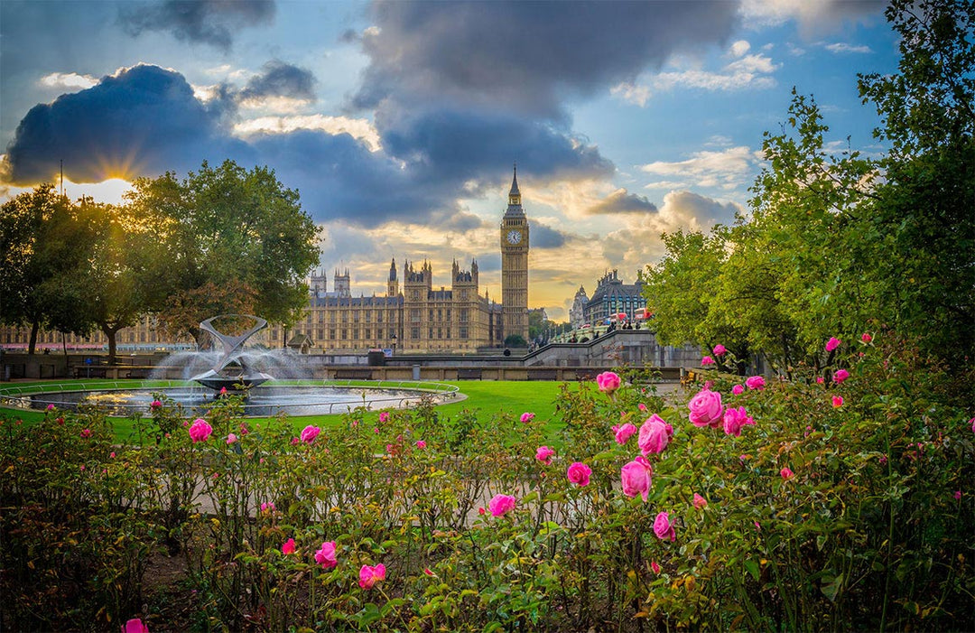 London Serenity Mural Wallpaper: Pink Floral Garden and Iconic Skyline View