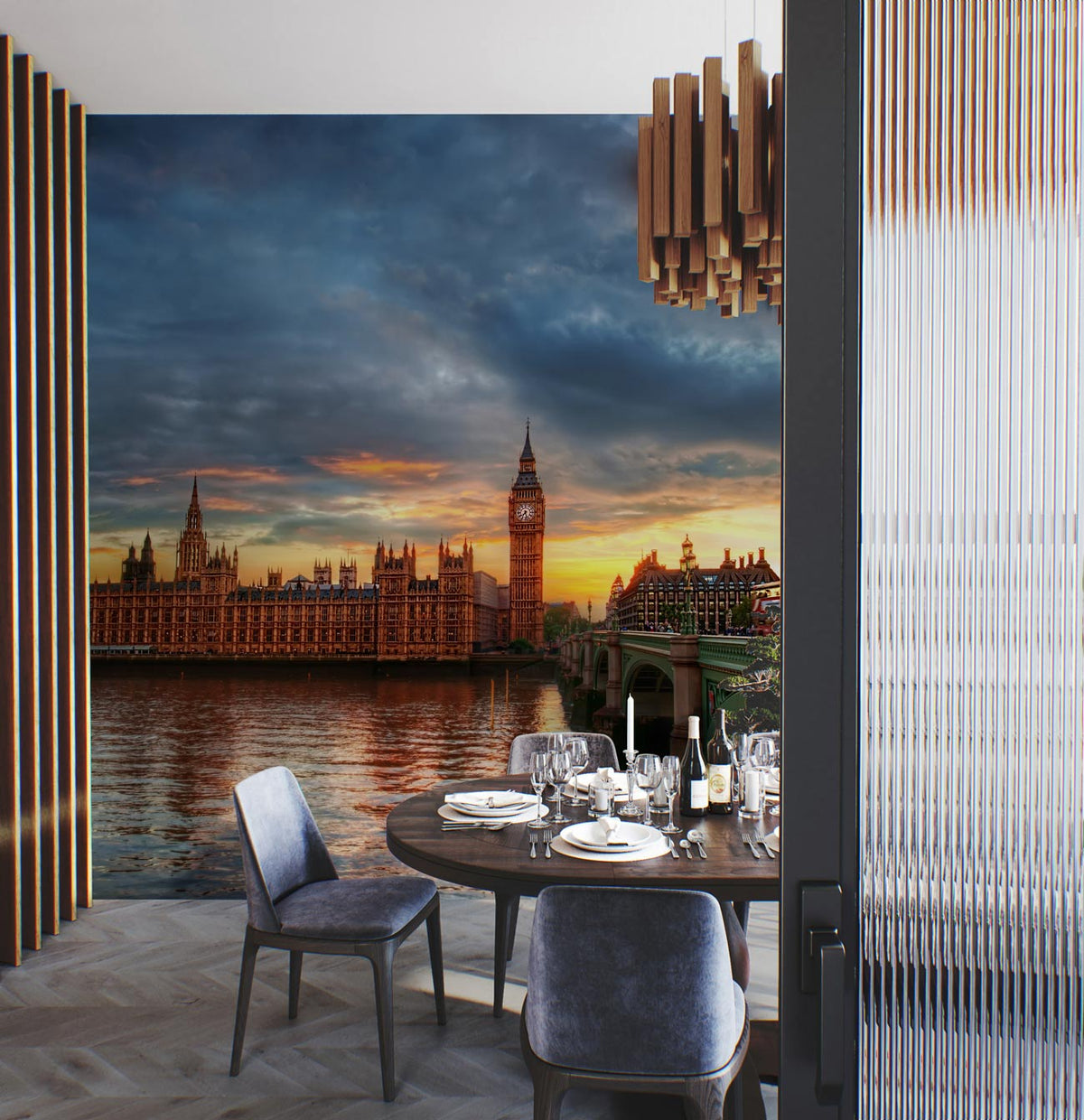 Sunset Over London Skyline Mural Wallpaper in dining room with grey chairs, wooden flooring, modern decor.