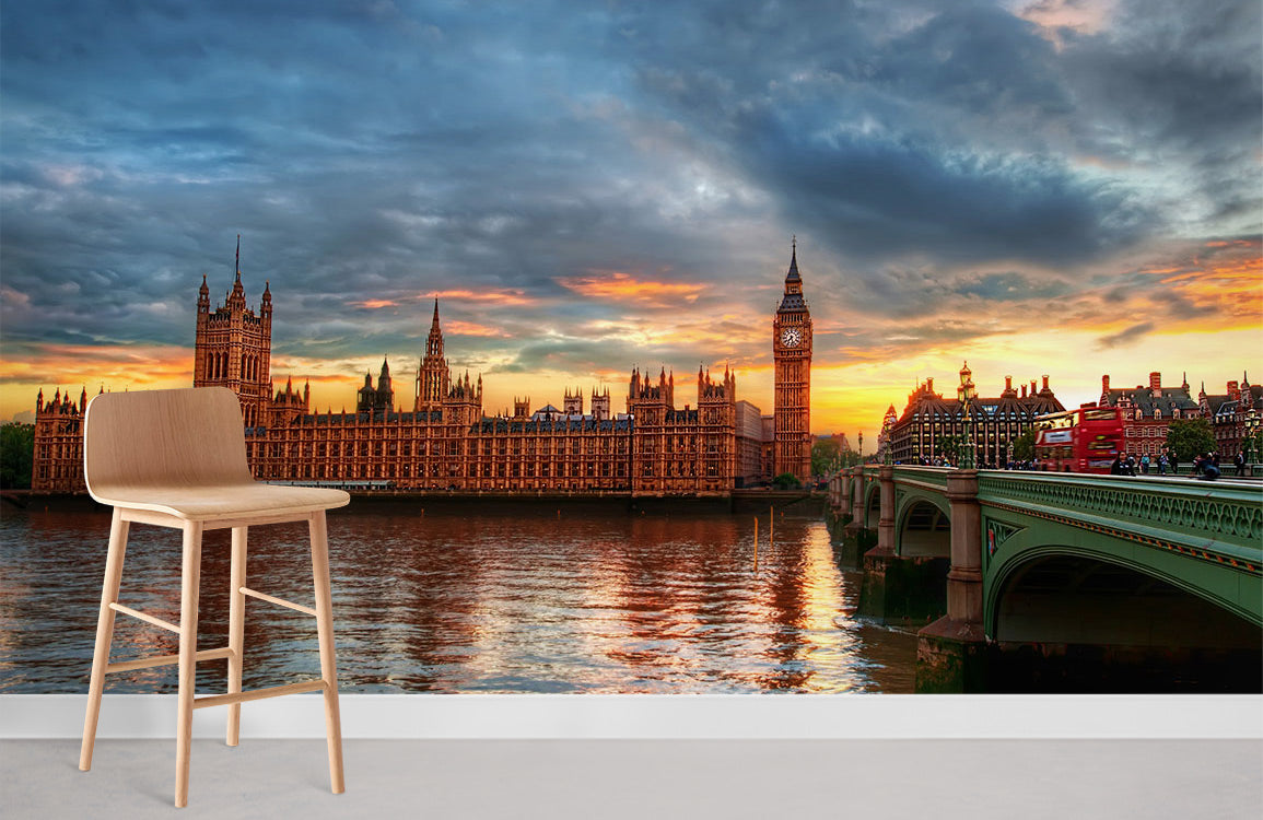 Sunset Over London Skyline Mural Wallpaper in vibrant cityscape, featuring wooden chair and grey flooring.