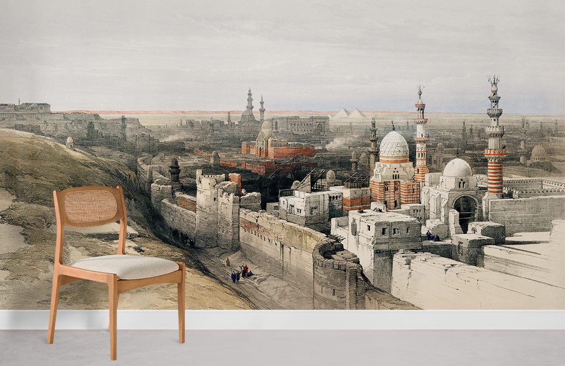 Vintage Egyptian cityscape mural wallpaper in earthy tones, wooden chair, grey flooring, historical design.