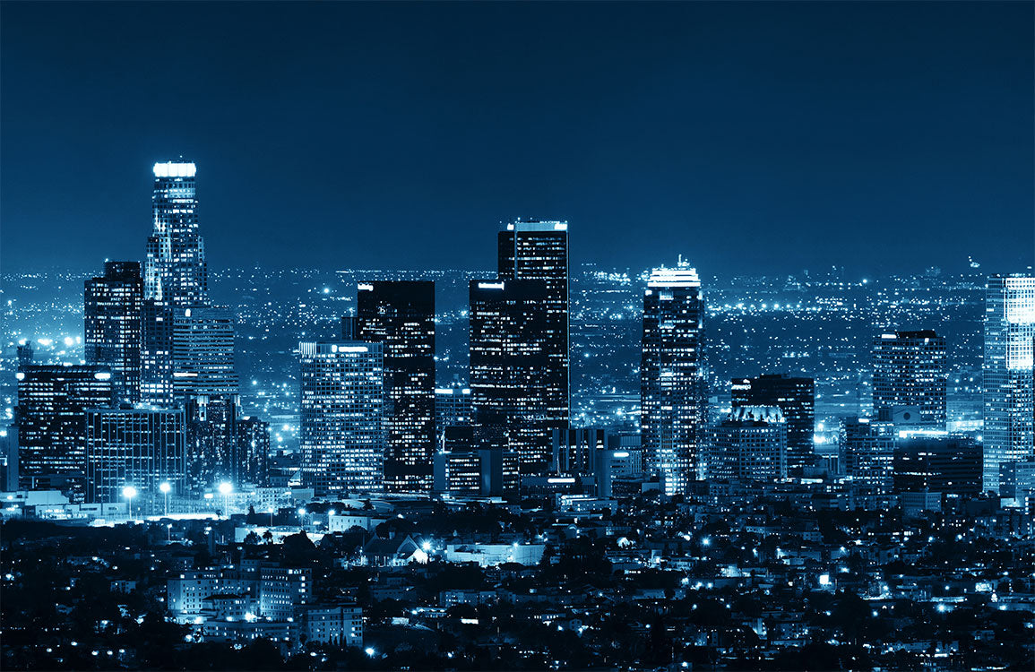 Blue Urban Night Skyline Mural Wallpaper - Modern Cityscape Decor