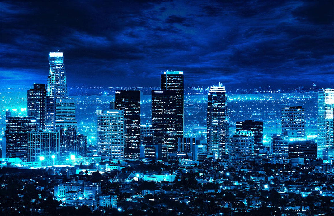 Urban Nightscape Mural Wallpaper - Vibrant Blue Cityscape Skyline Design
