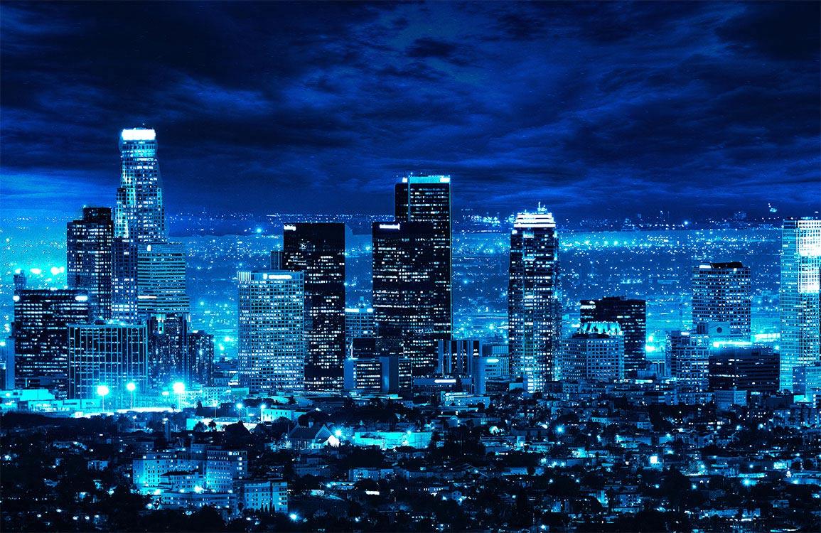Urban Nightscape Mural Wallpaper - Vibrant Blue Cityscape Skyline Design