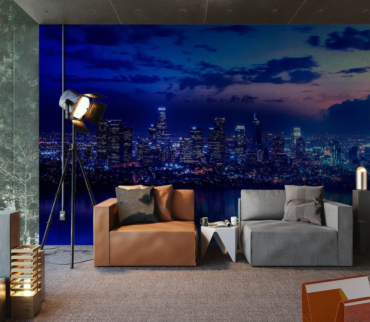 Urban Elegance Decor: Vibrant Blue Cityscape Night Skyline Mural in stylish living room, modern furniture.