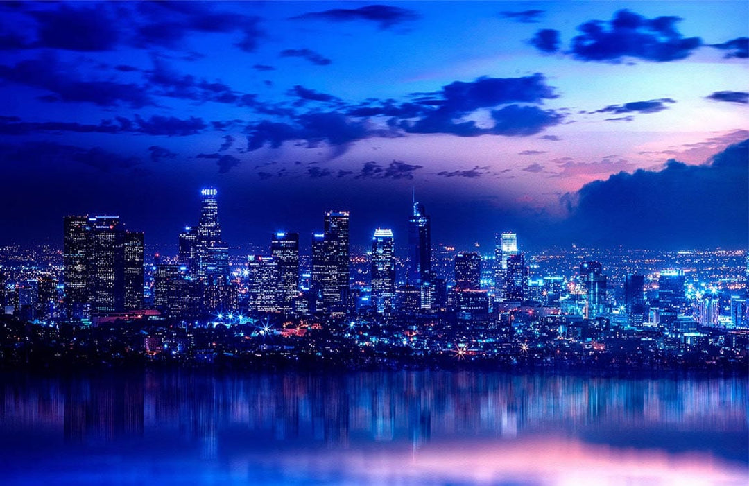 Vibrant Blue Cityscape Night Skyline Mural Wallpaper - Urban Elegance Décor