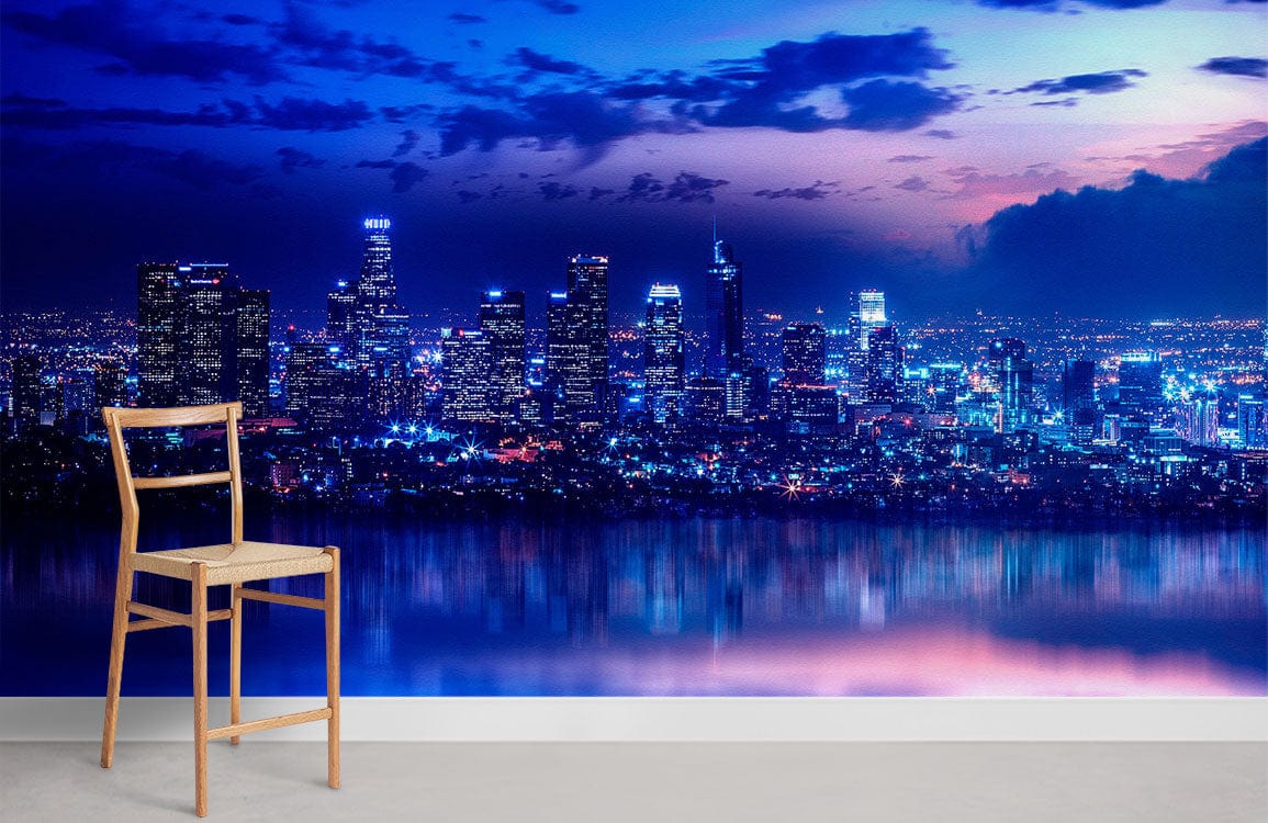 Vibrant blue cityscape mural in modern room with light wood chair, grey flooring; urban elegance Décor.