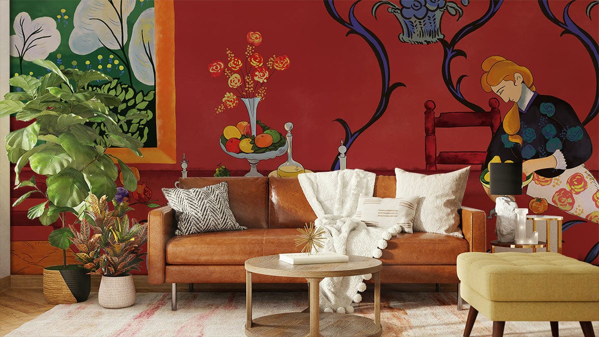 Elegant mural wallpaper with red and blue floral design, brown leather sofa, yellow ottoman, wooden floor.