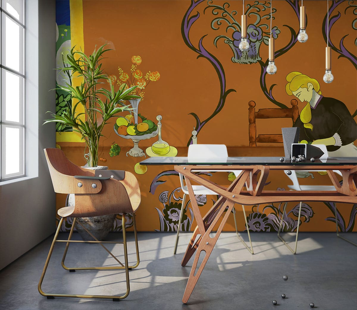 Elegant Abstract Mural Wallpaper, rich earth tones, vibrant accents, modern dining room, stylish wooden furniture.