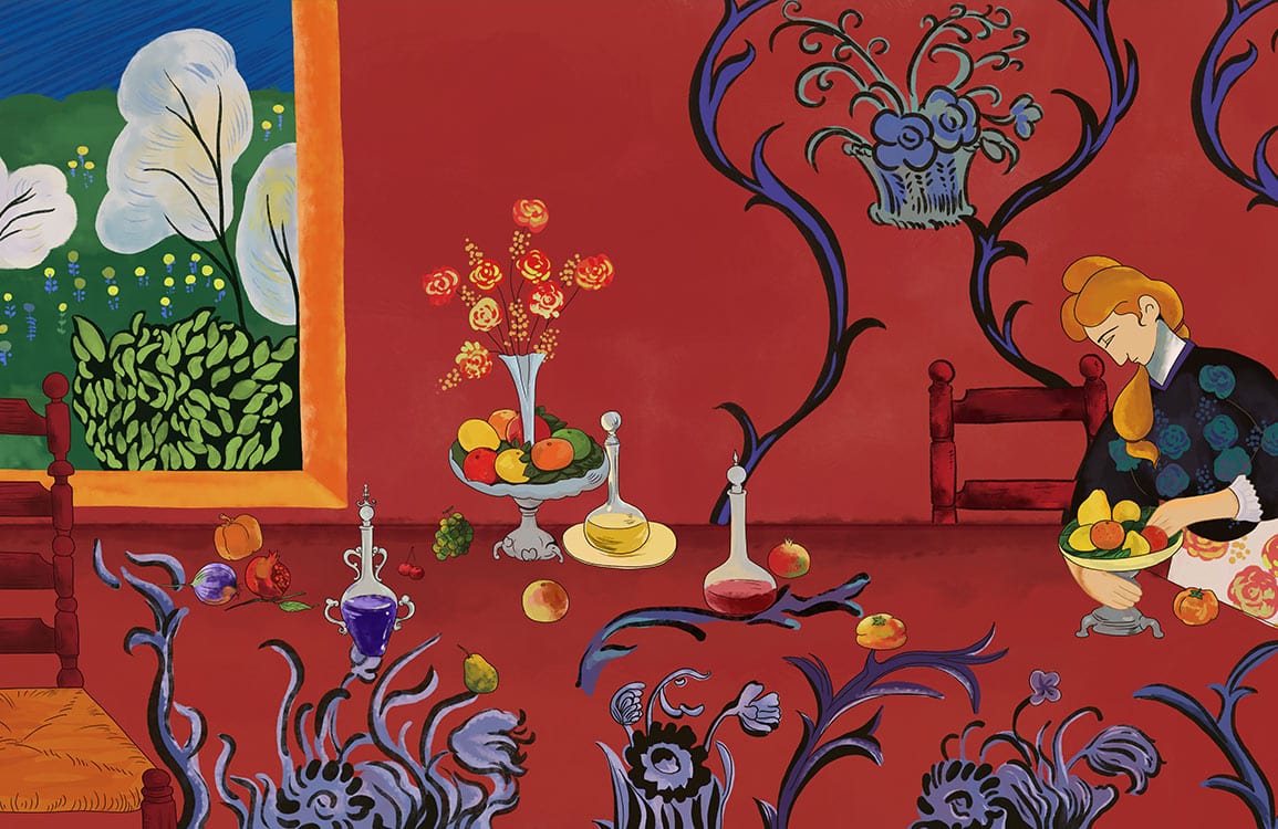 Rich Red Artistic Floral Mural Wallpaper with Blue Accents for Elegant Spaces